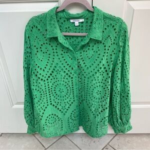 Chico's Grass Green Eyelet Button Up Cotton Balloon Long Sleeve Shirt Blouse